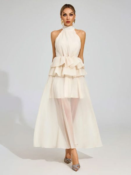 Flowy Ruffled Wedding Dress With A Halter Neckline