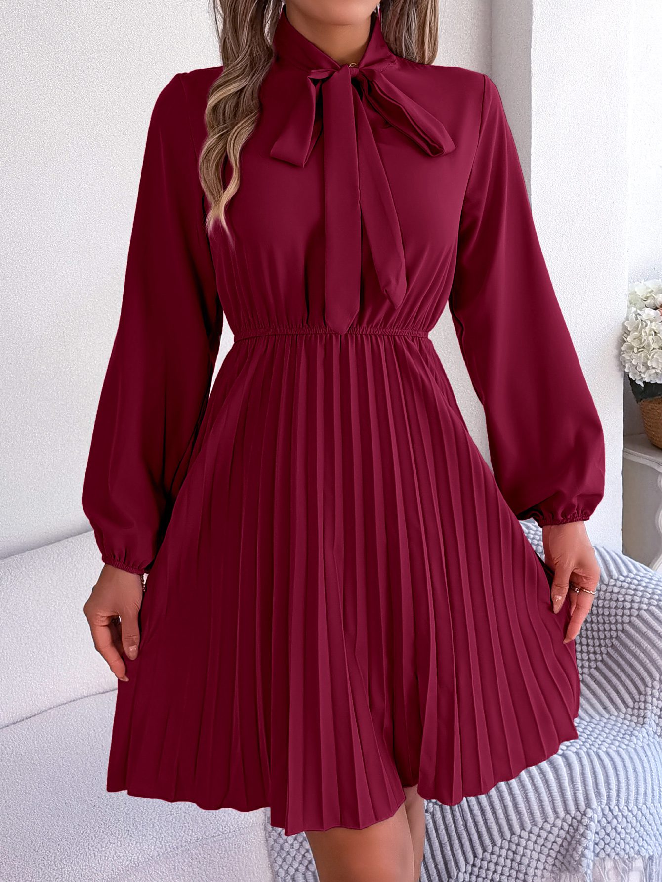 Women's Elegant Tie Waist Long Sleeve Pleated Skirt