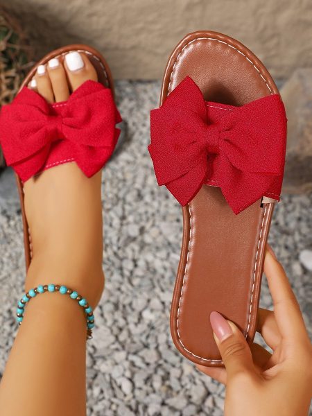 Flat Round-toe Slide With A Bow Detail Casual Flat-heeled Fabric Sandals For Outdoor Wear