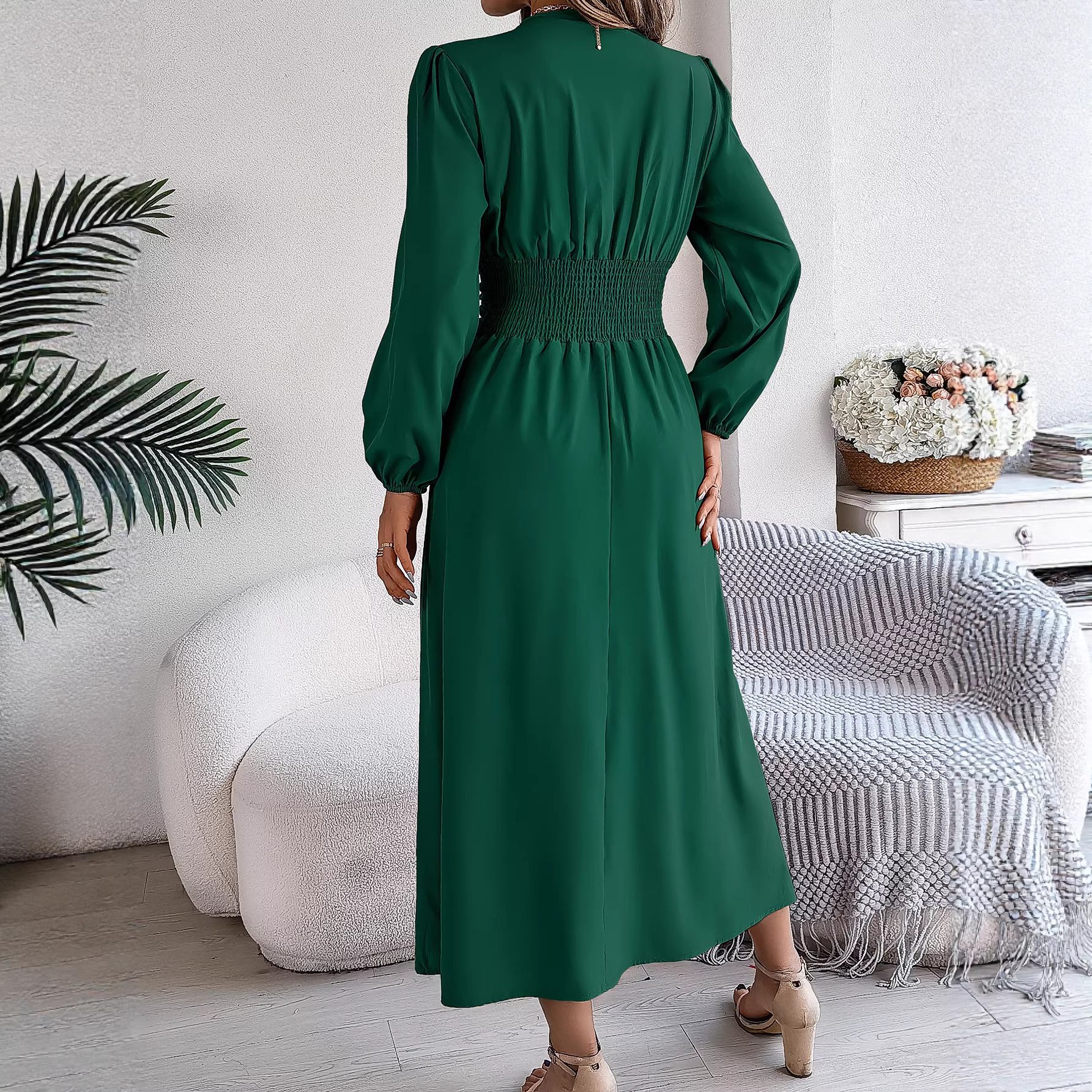 Solid-color V-neck Long-sleeve Split Dress