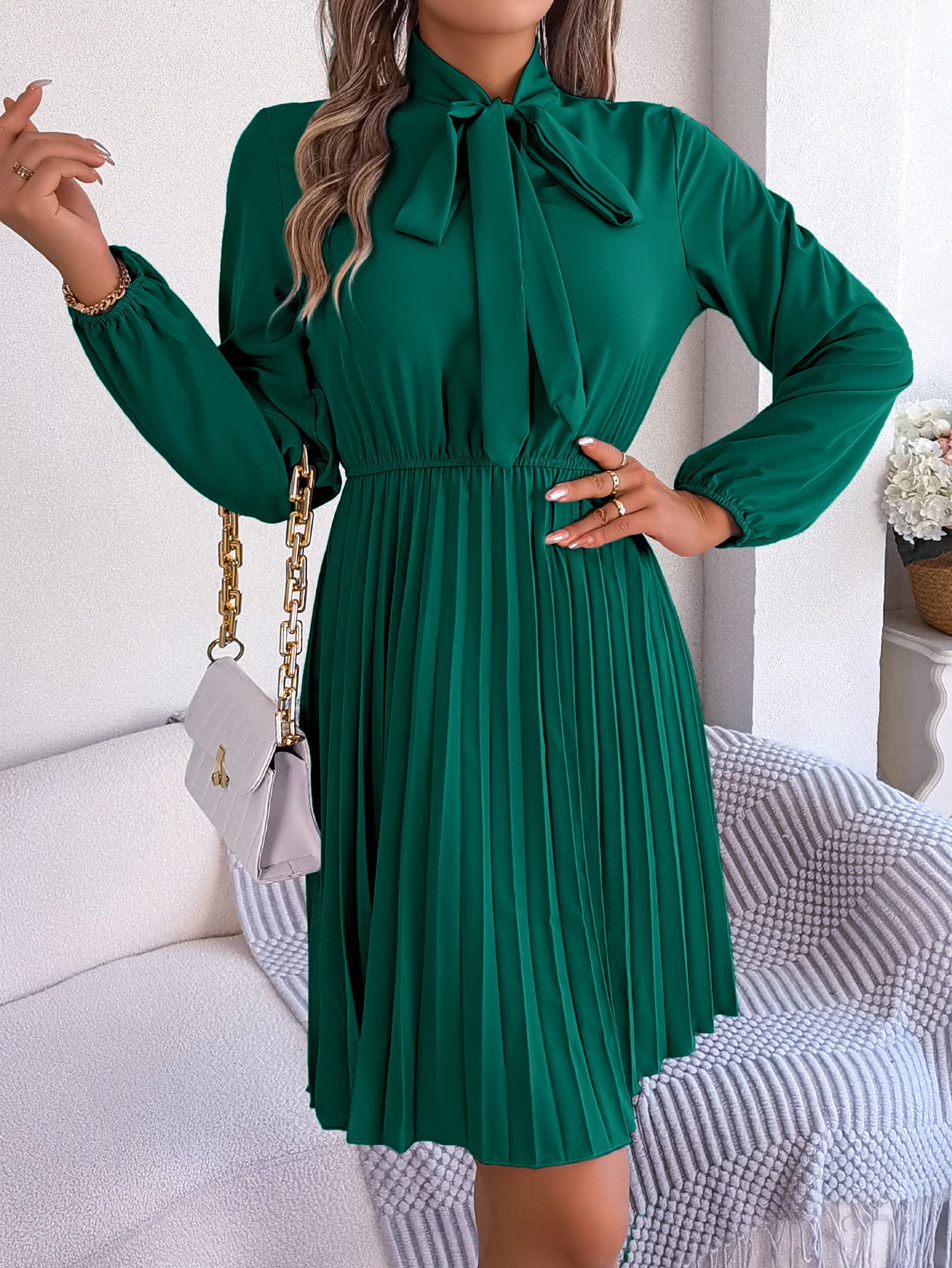Women's Elegant Tie Waist Long Sleeve Pleated Skirt