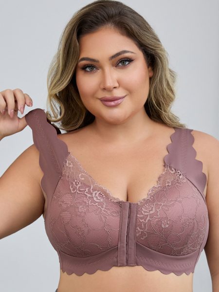 Plus Size Front-Closure Lace Bra Thin With Fixed Cups