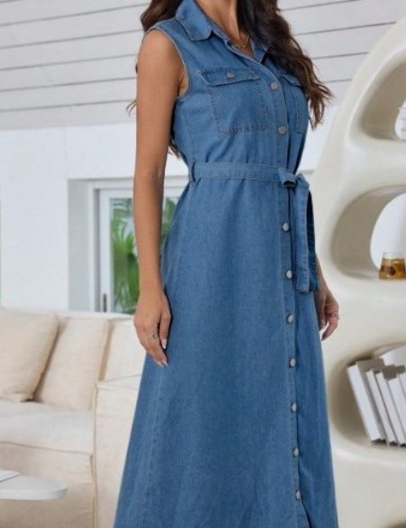 Stylish Women’s Denim Dress With Belt & Front Buttons