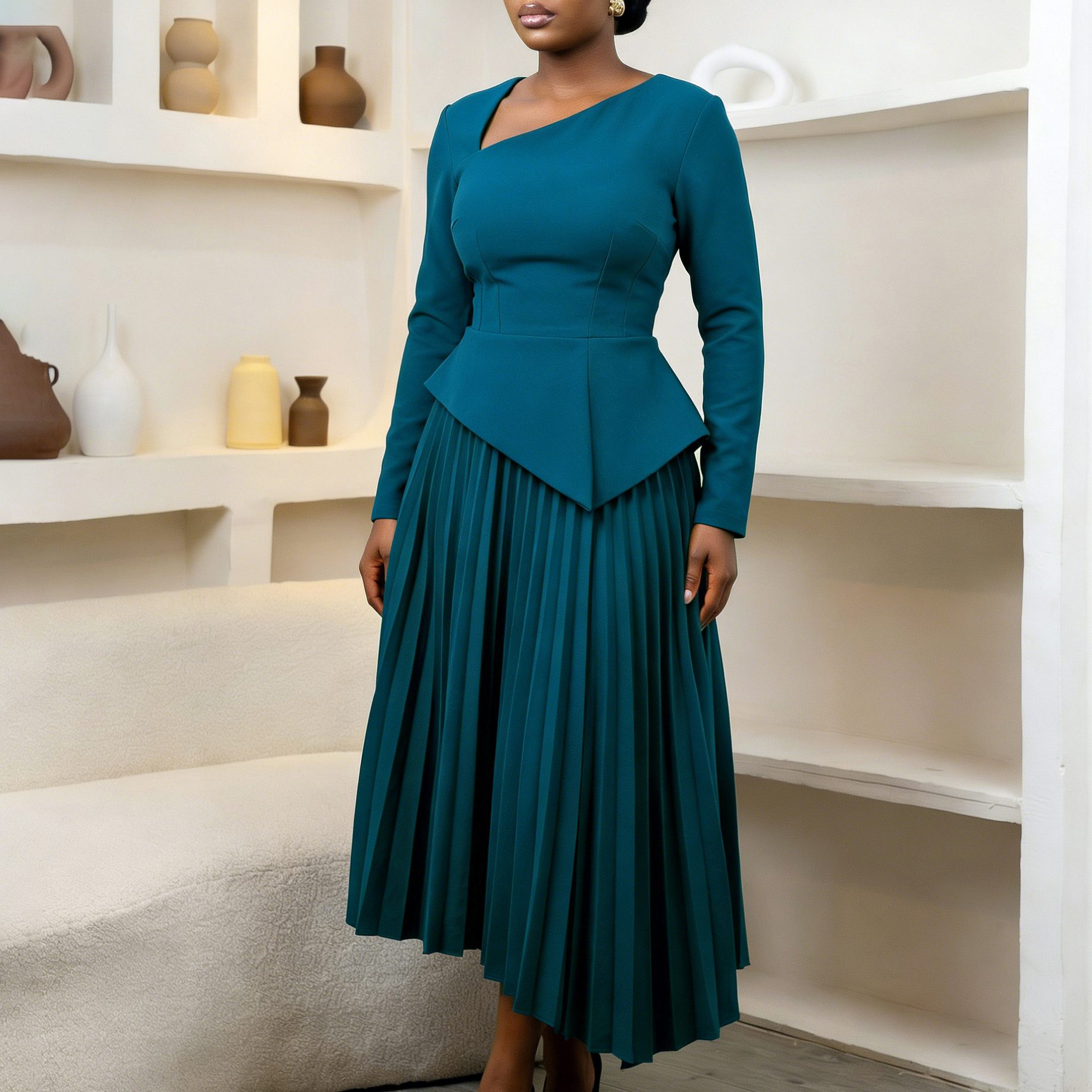 Asymmetrical Neck High Waisted Midi Dress