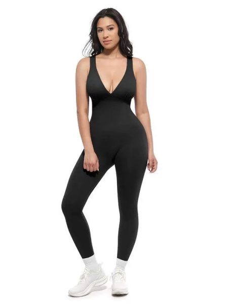 Womens Solid-Color Versatile V-Neck Yoga Jumpsuit