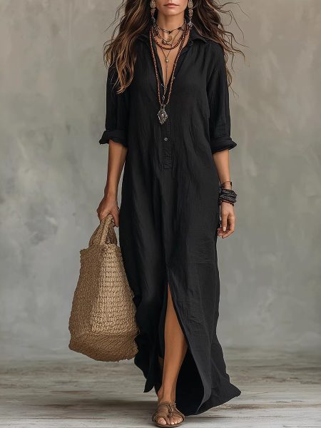 Casual Solid-color Lapel-front Slit Maxi Dress
