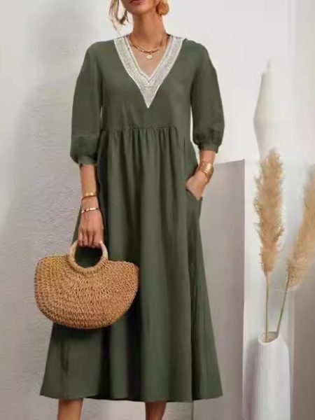 Solid-color Lantern-sleeve Loose Lace Dress