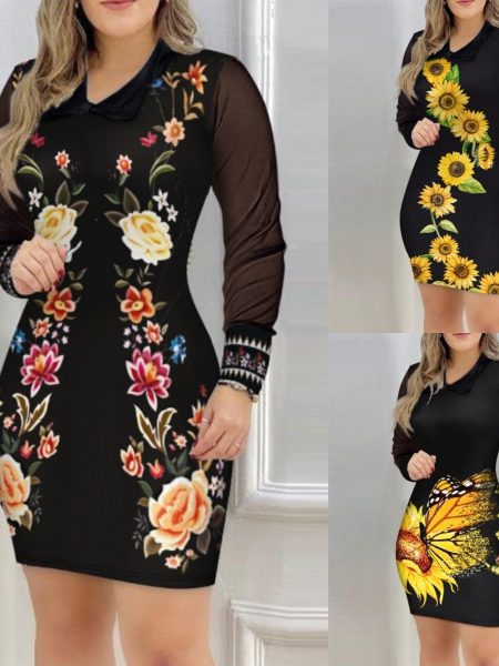 Womens Mesh Long-Sleeve V-Neck Slim-Fit Printed Dress