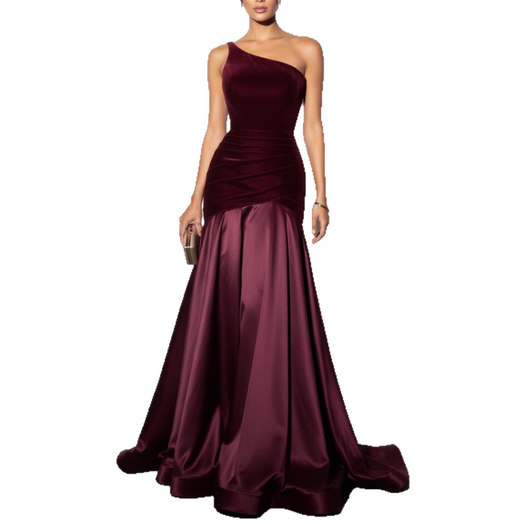 Womens Solid-Color Velvet Patchwork Evening Dress