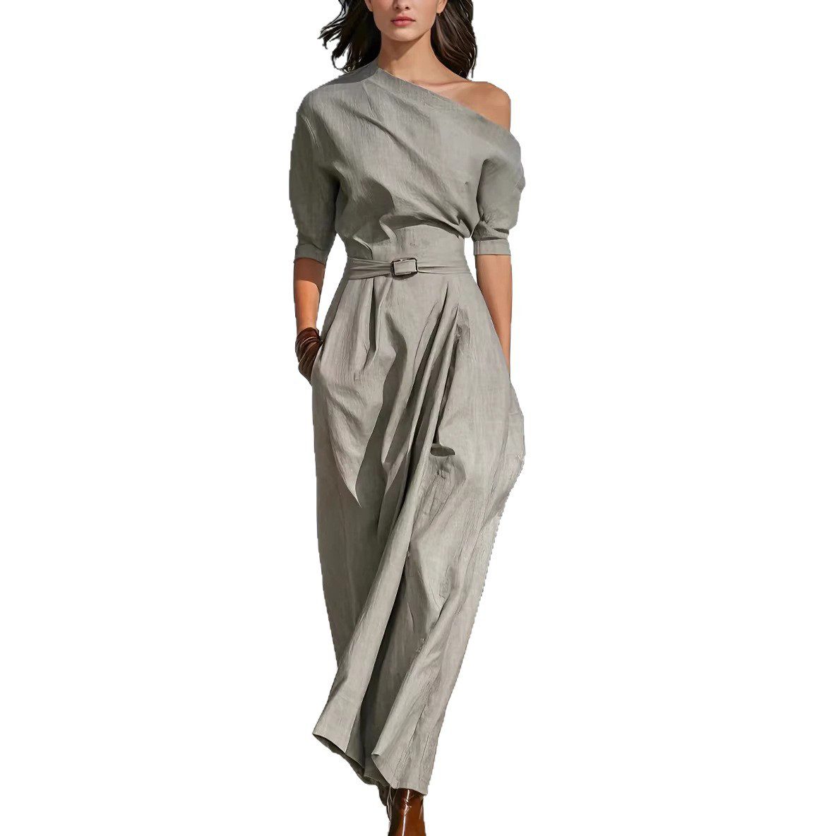 Slanted Shoulder Waist Long Dress