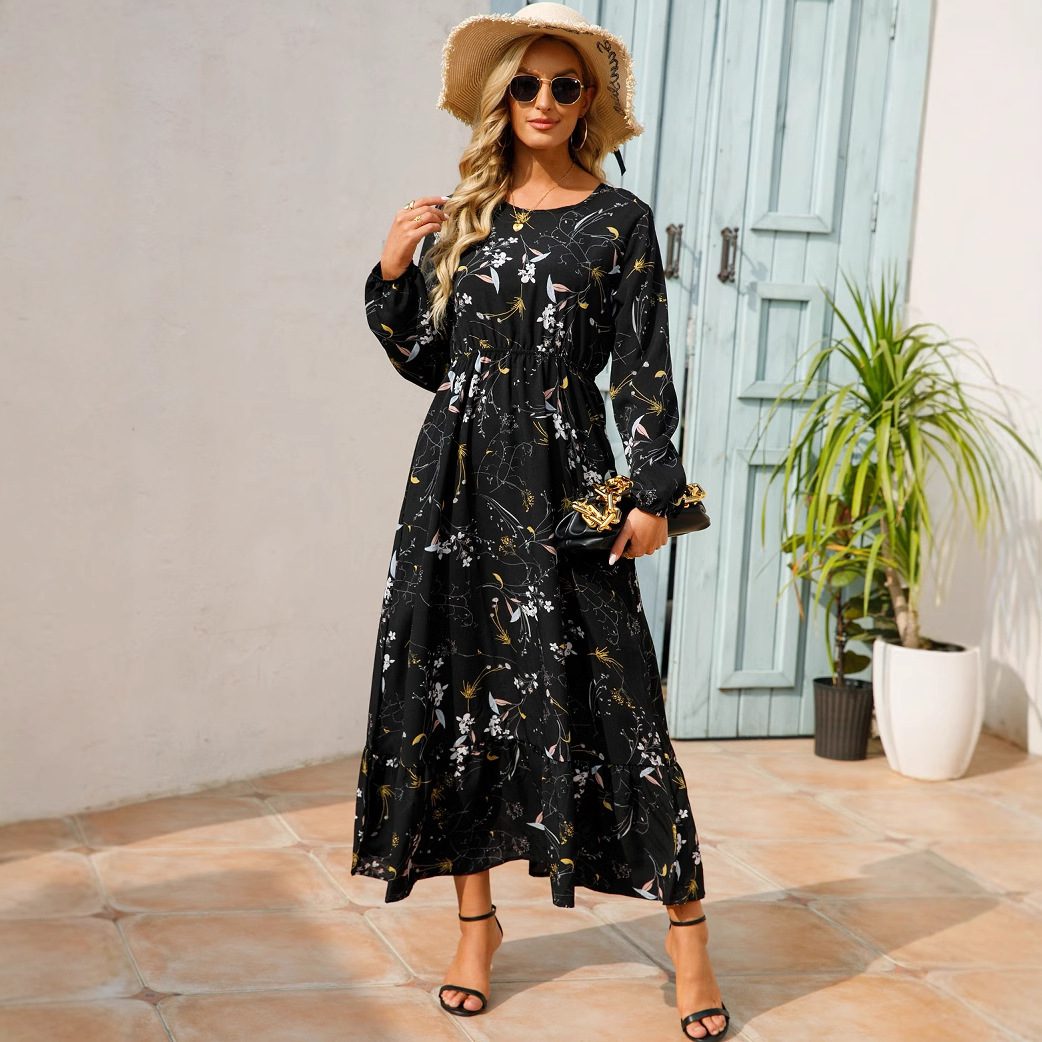 Womens Versatile Round-neck Floral Chiffon Dress