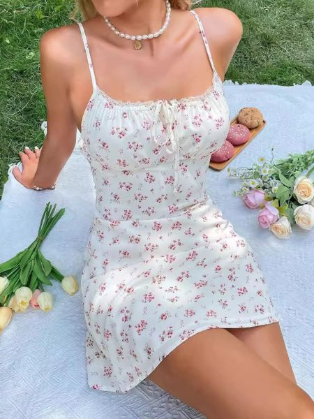 Womens Body Enhancing Lace Floral Slip Dress