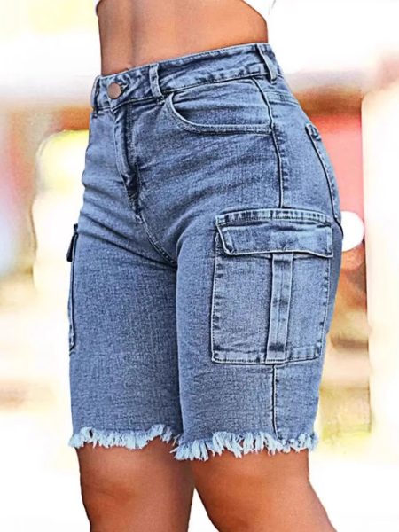 Stretch-washed High-rise Denim Shorts With Side Pockets And A High Stretch Factor