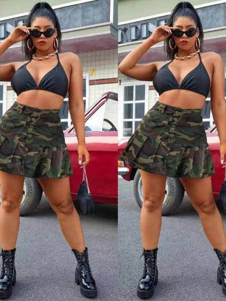 Camouflage Pleated Pocket Button Mini Skirt