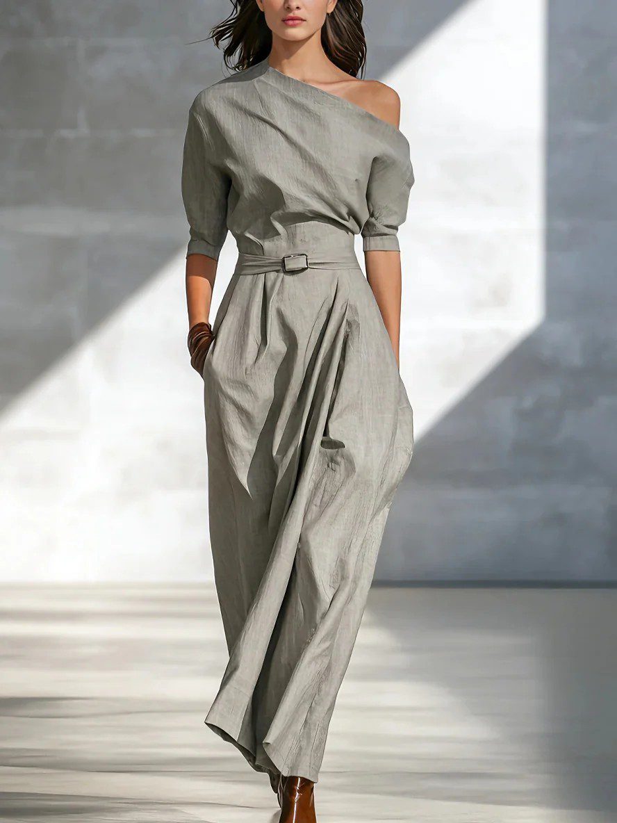 Slanted Shoulder Waist Long Dress