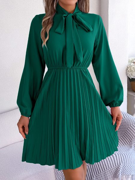 Women's Elegant Tie Waist Long Sleeve Pleated Skirt