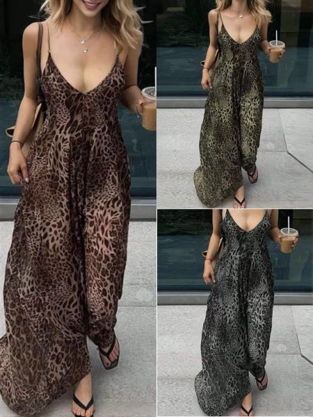 Sexy Leopard-print Backless V-neck Summer Slip Dress For Curvy Figures