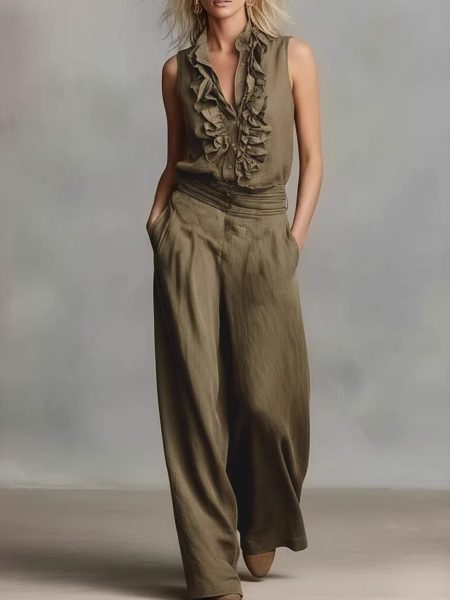 Linen-blend Sleeveless Shirt And Wide-leg Pants Set