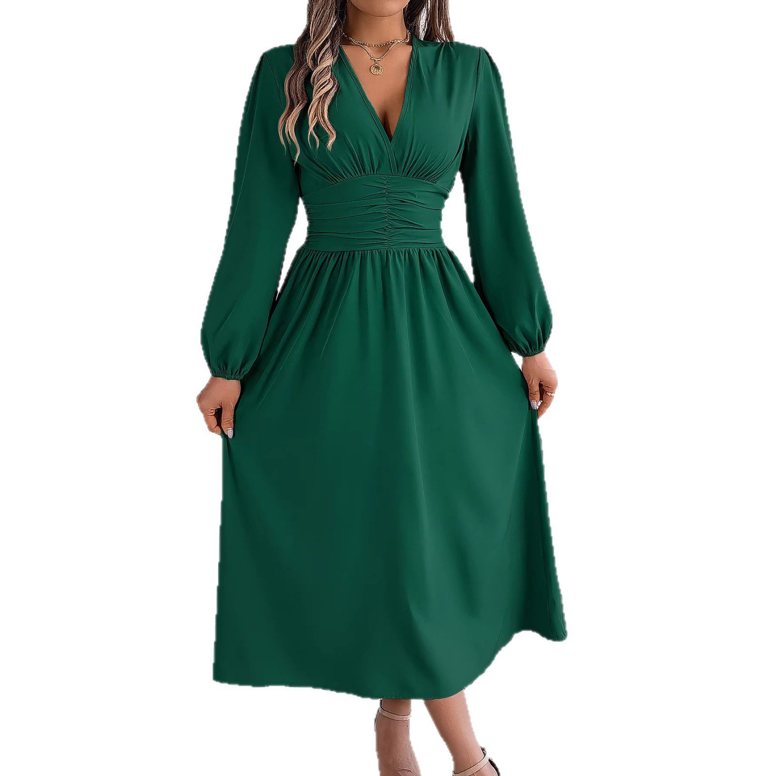 Solid-color V-neck Long-sleeve Split Dress