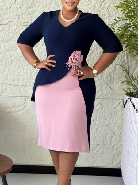 Solid Color Floral Pleated Cap Sleeve Plus Size Dress