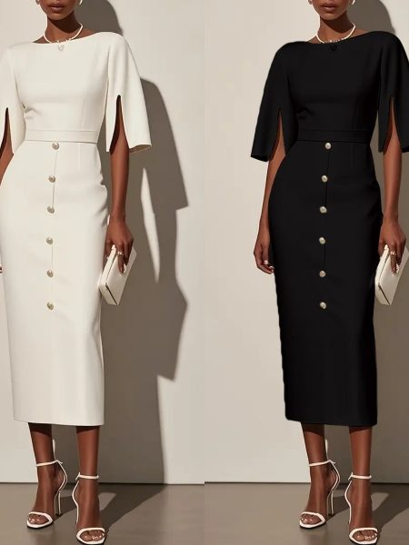 Summer Solid-Color Crew-Neck Defined-Waist Dress With Slit And Buttons