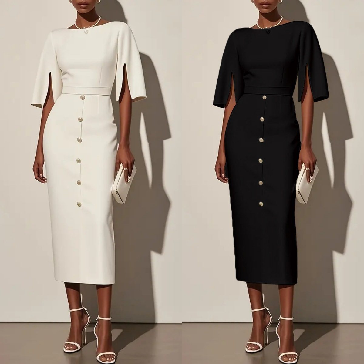 Buy Women's Clothing Online | Buy Trending Dresses for Women Summer Solid-Color Crew-Neck Defined-Waist Dress With Slit And Buttons