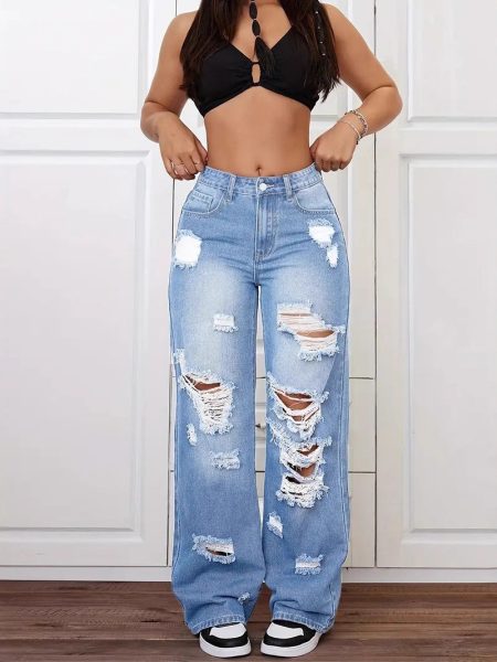 Trendy Washed Ripped Straight Jeans For Women