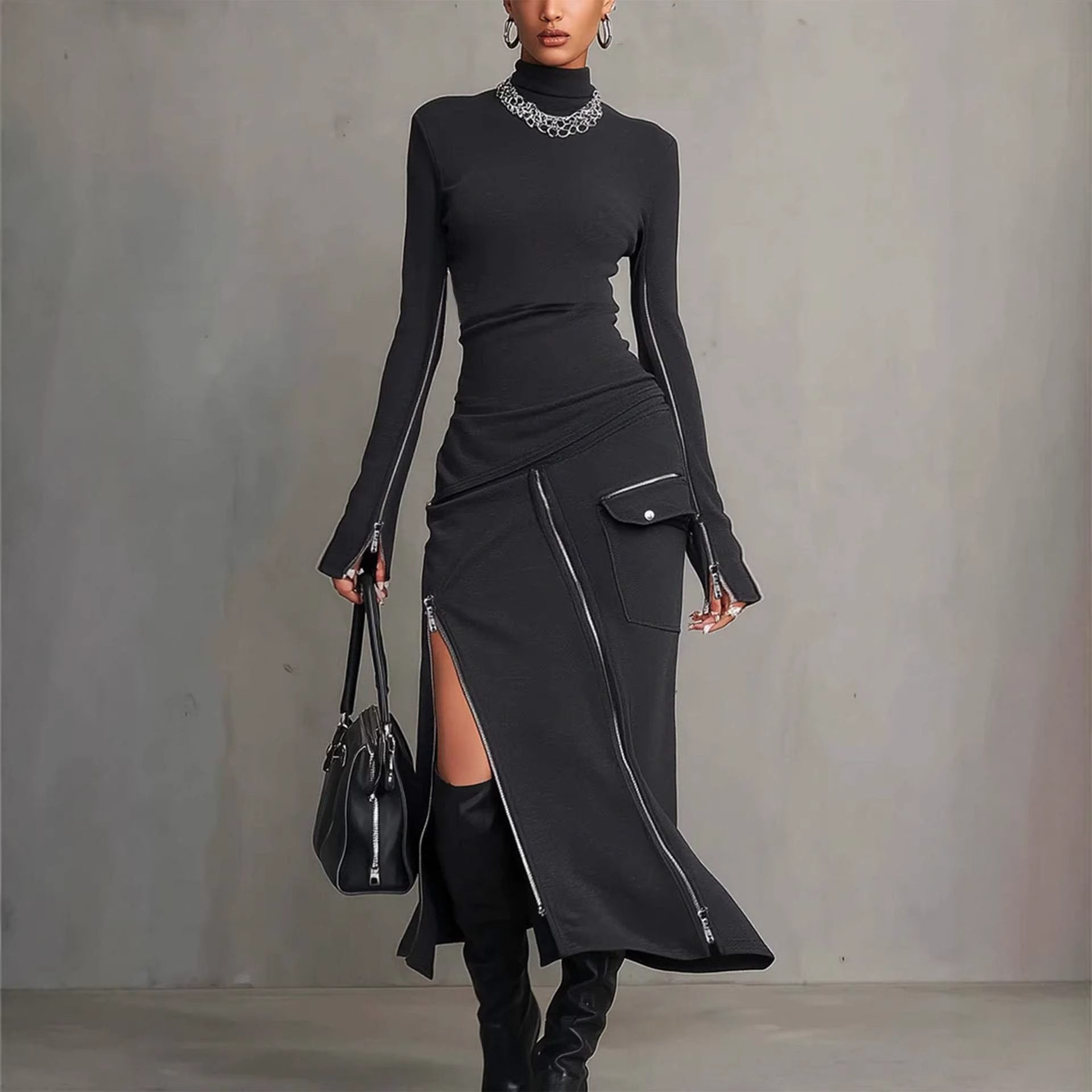 Side-zip Sheath Skirt And Long-sleeve T-shirt Set