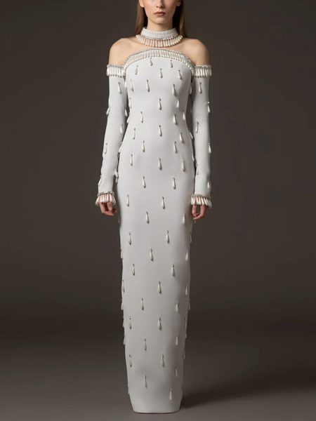 Heavy-duty Pearl Bead And Diamond-embellished Mesh-panel Long Dress