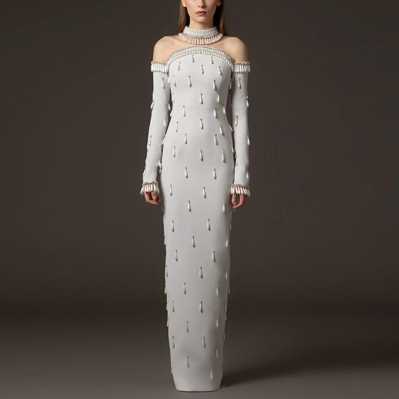 Buy Women's Clothing Online | Buy Trending Dresses for Women Heavy-duty Pearl Bead And Diamond-embellished Mesh-panel Long Dress