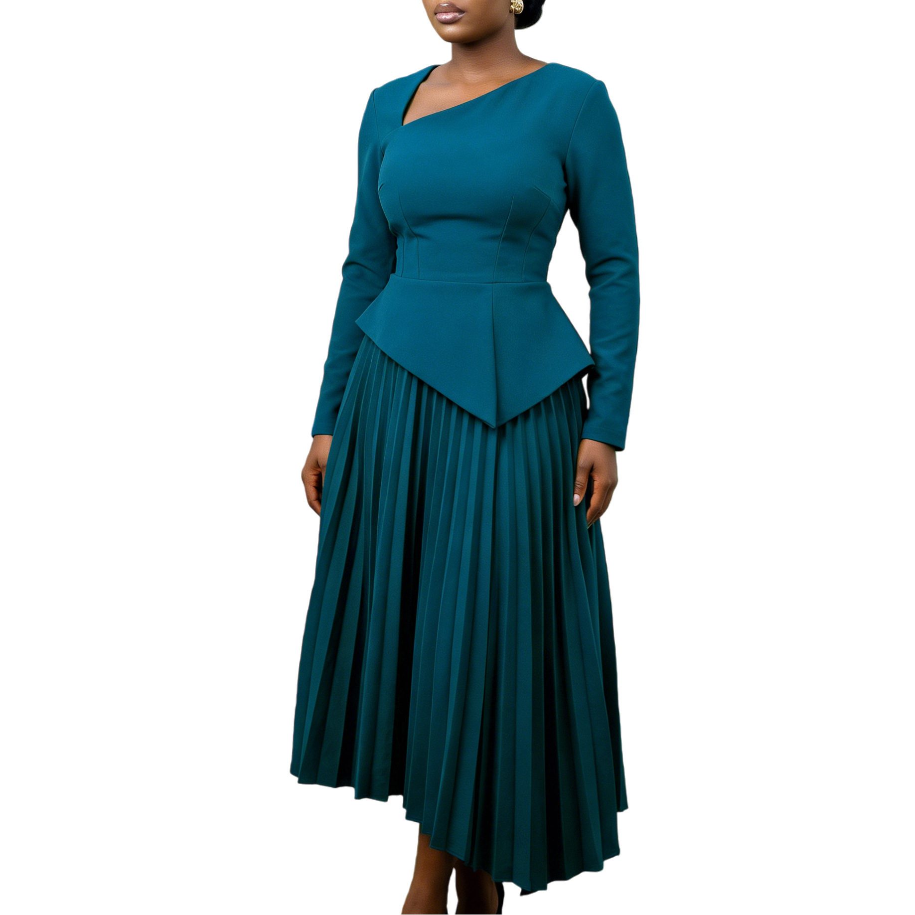 Asymmetrical Neck High Waisted Midi Dress