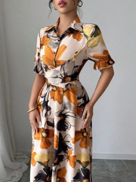 Womens Blouse-collar Puff-sleeve Cross-tie Waist Printed Dress