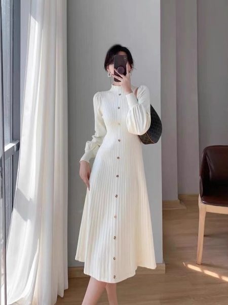 AutumnWinter Knitted Mock Neck Long Sleeve Dress