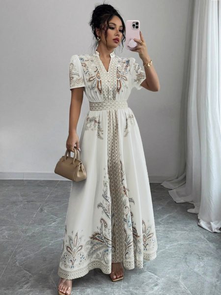 Paisley-patterned, High-waisted, Stand-collar Lace-trimmed, Draping Maxi Dress