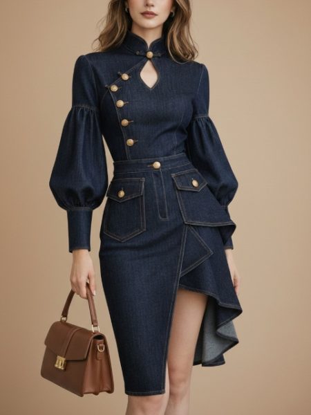 Architectural Indigo Denim Midi Dress-Military Gold-Tone Hardware & Bishop Sleeves