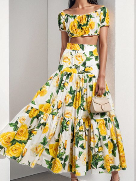 Womens Elegant Sexy Printed Pleated Skirt Fashion Set