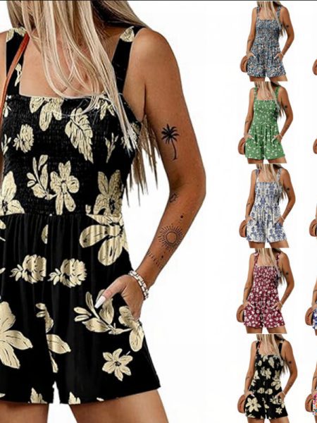 Flower Print Shorts Jumpsuit Summer Fashion Sleeveless Beach Bodysuit