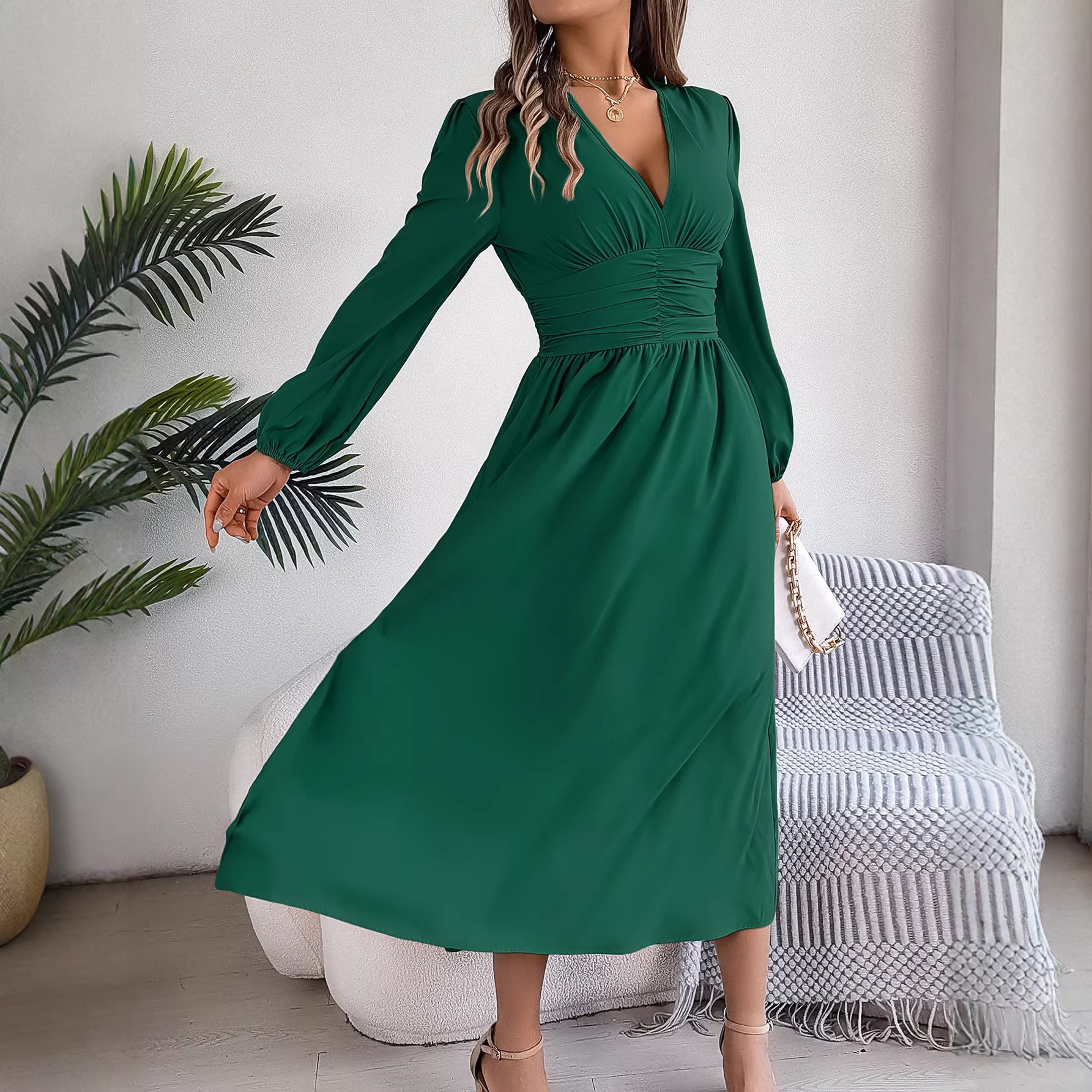 Solid-color V-neck Long-sleeve Split Dress