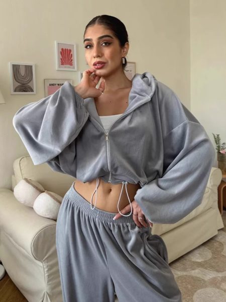 Womens Casual Set Long-sleeve Zip-up Cardigan Hoodie