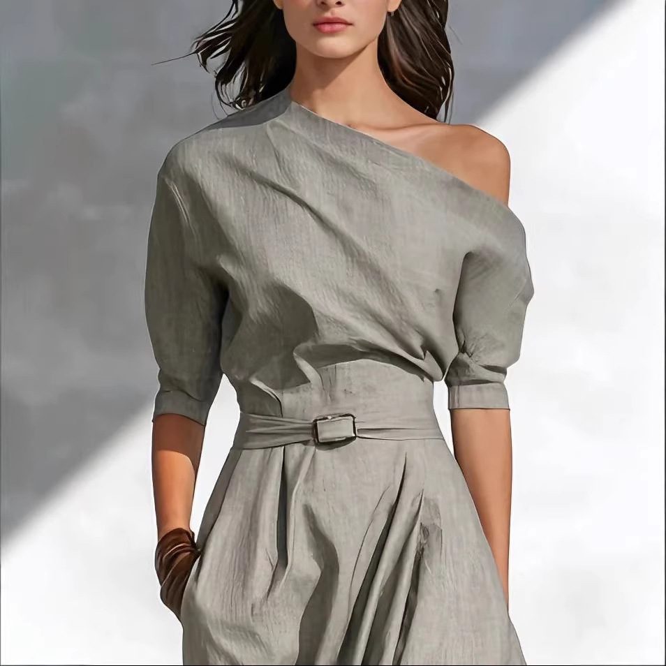 Slanted Shoulder Waist Long Dress