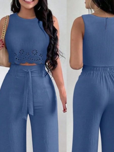 Womens Floral Off-Shoulder Sleeveless Top And Tie-Front Pants Casual Set