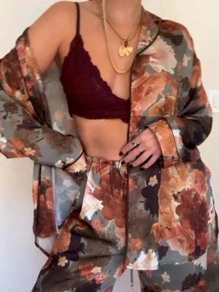 Vintage Floral Print Satin Pajama Set