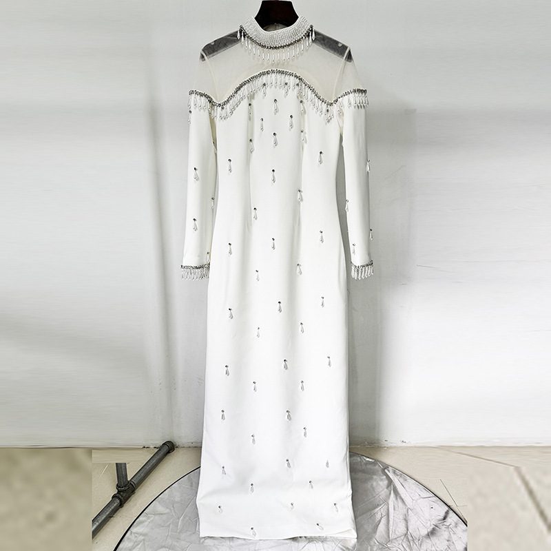 Heavy-duty Pearl Bead And Diamond-embellished Mesh-panel Long Dress