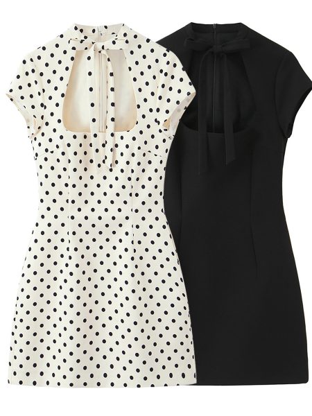 Fashionable Polka-Dot Short Dress With Bow Accent