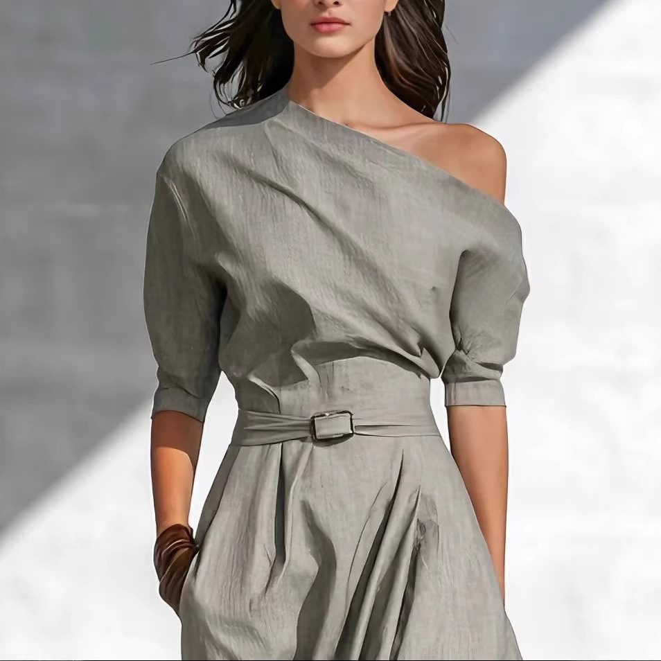 Slanted Shoulder Waist Long Dress