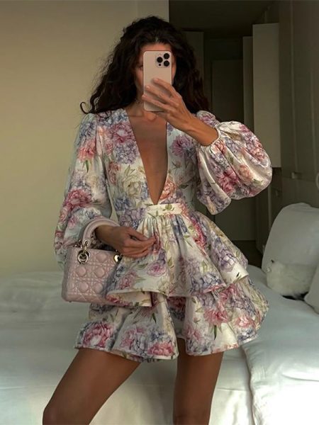 Printed Short V-neck Dress With Long Sleeves