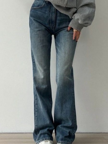 Flared Denim Jeans For Women Straight  Loose-fit Pants Retro