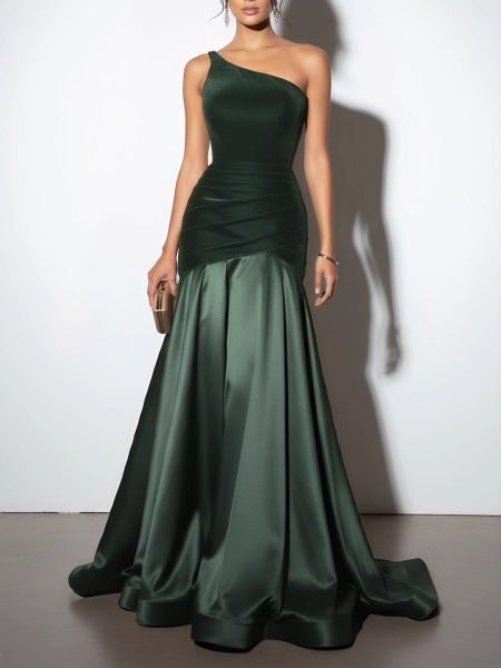 Womens Solid-Color Velvet Patchwork Evening Dress