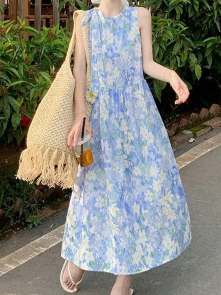 Beach Vacation Strappy Blue Floral Tank Dress