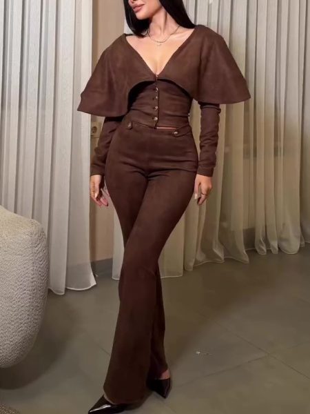 Dark Brown Suede Cape Crop Top & High Waisted Flared Pants 2-Piece Set